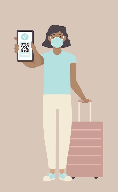 Young woman showing health passport on a mobile phone which indicates a vaccination against covid19 Valid digital certificate with qr code Immunity pass