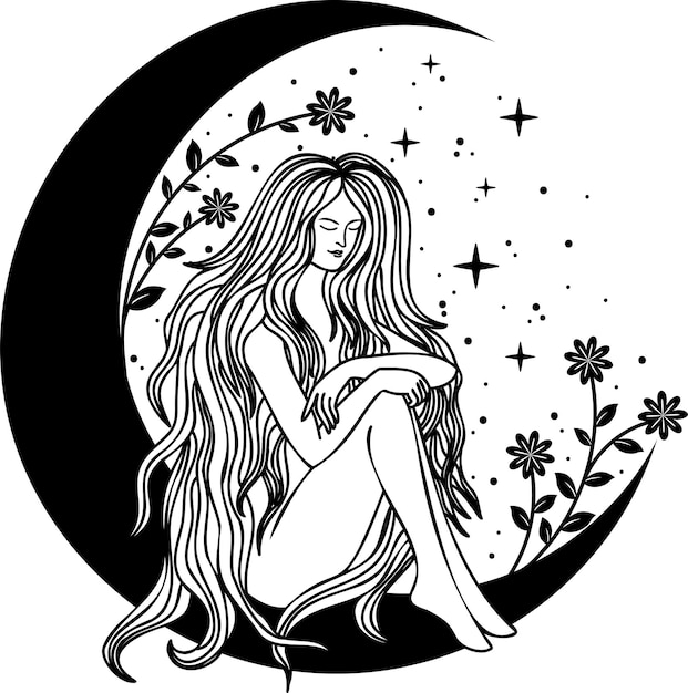 Young woman Silhouette of a girl Mystical witch Vector illustration Line graphics