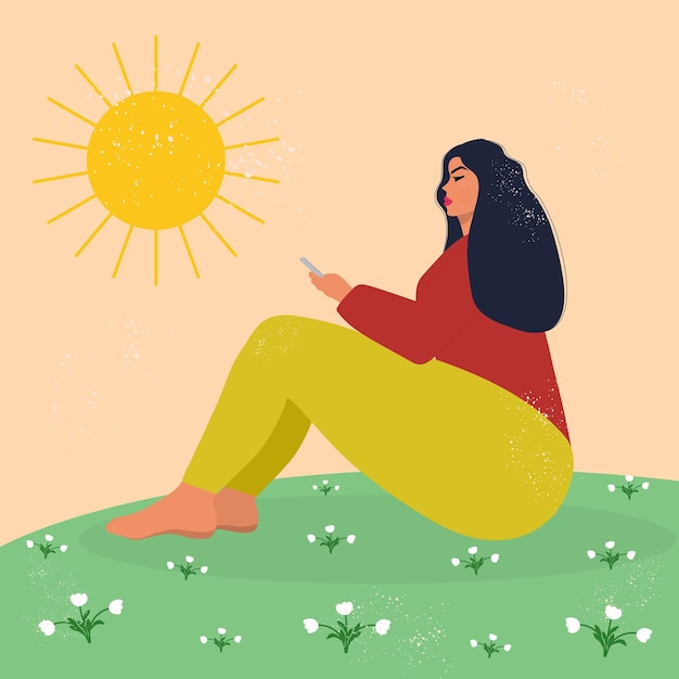 Vector young woman sits on a flower meadow