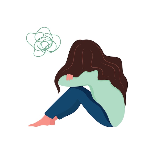 Young woman sits hugging her knees. Women's depression. Psychological problems concept. Vector illustration in flat style