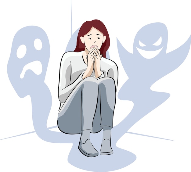 Young woman sitting on corner felling scare phobia of ghost shadow