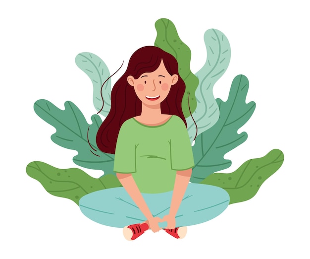 Young Woman Sitting on the Ground with Crossed Legs and Floral Leaves Behind Vector Illustration