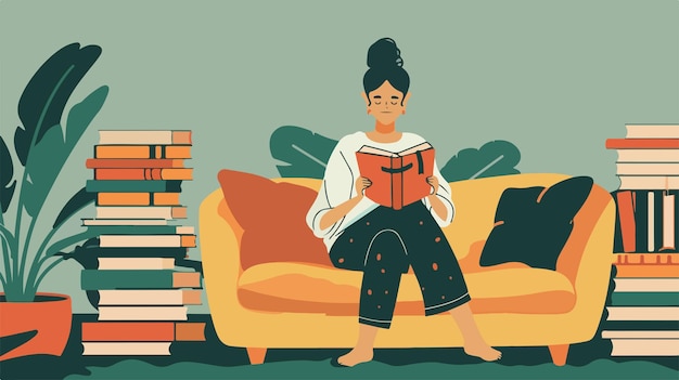 Vector young woman sitting on sofa with stack of books vector style