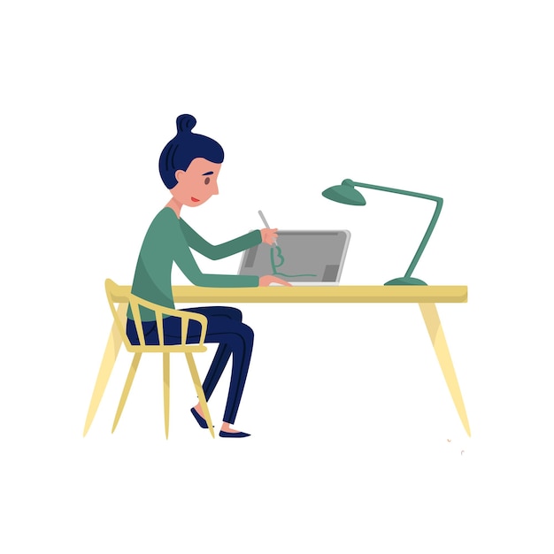 Young woman sitting at table and drawing on graphic tablet Freelancer at workplace Professional graphic designer Flat vector illustration