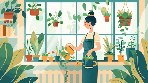 Vector young woman sitting on windowsill with watering can