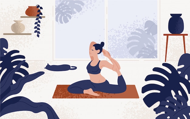 Young woman sitting in yoga posture and meditating. Girl performing aerobics exercise and morning meditation at home.illustration in flat cartoon style.