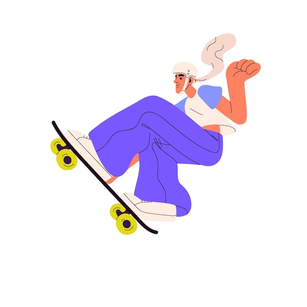 Young woman skater riding skate board. Cool skateboarder jumping with skateboard, extreme trick in air. Happy active girl on longboard. Flat graphic vector illustration isolated on white background.