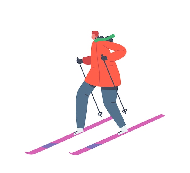 Young Woman Skiing on Mountains Resort. Girl Riding Downhills by Skis, Wintertime Fun and Leisure Time. Winter Sports Activity and Spare Time. Character Active Lifestyle Cartoon Vector Illustration