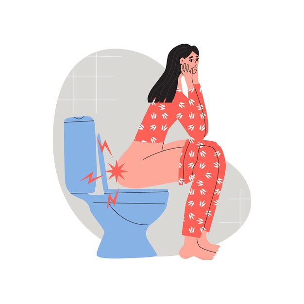 Young woman in slepwear sitting on toilet suffering from hemorrhoids Flat vector illustration