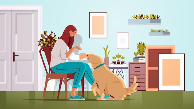 young woman spending time with dog female owner and cute domestic animal friendship with pet concept living room interior horizontal full length vector illustration