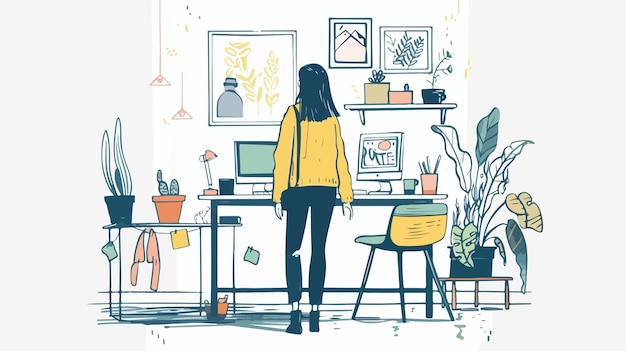 Vector young woman standing in creative office handdrawn vector illustration