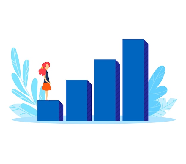 Vector young woman standing on growing bar graph professional female climbs career ladder success and