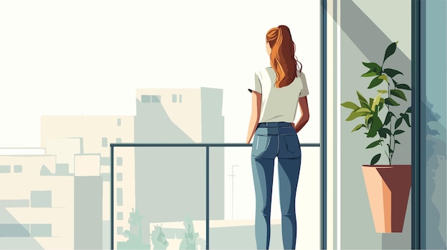 Vector young woman standing near wall rear view in professional setting