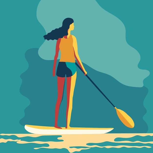 Young woman standing on sup board isolated Flat vector