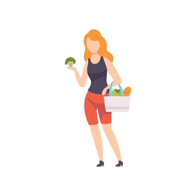 Young woman standing with bag full of vegetables girl doing shopping at the grocery shop vector