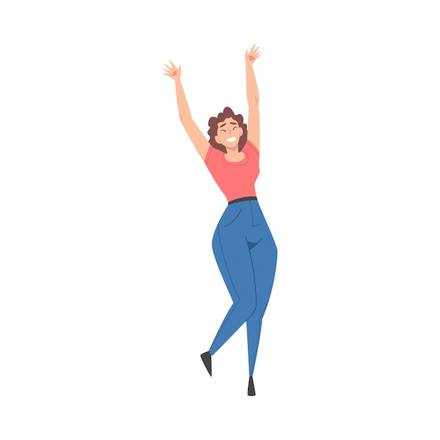 Vector young woman standing with raising hands celebrating success vector illustration