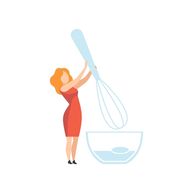 Young woman standing with whisk and bowl faceless girl in casual clothes holding kitchen tool vector