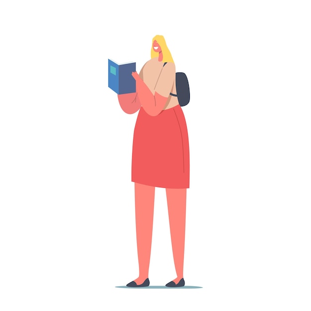 Young Woman Student with Backpack on Shoulders Holding Book Prepare to Exam or Make Homework. Girl Character Reading, Learning. Education in University or College Concept. Cartoon Vector Illustration