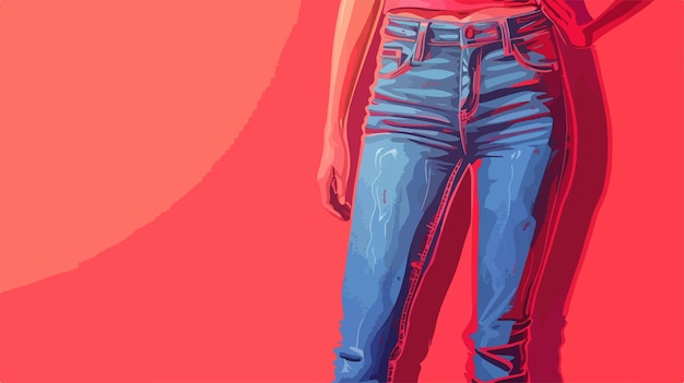 Young Woman in Stylish Jeans on Red Background Closeup