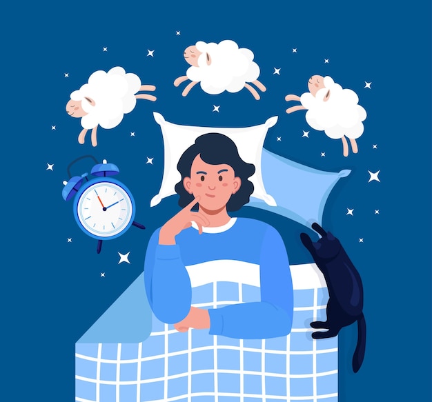 Young woman suffers from insomnia. Beautiful girl lying in bed trying to fall asleep and counting sheep. Female person with sleep disorder, sleeplessness, mental problem.