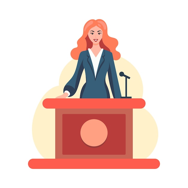 Young woman in a suit behind the podium during a speech Smiling female leader