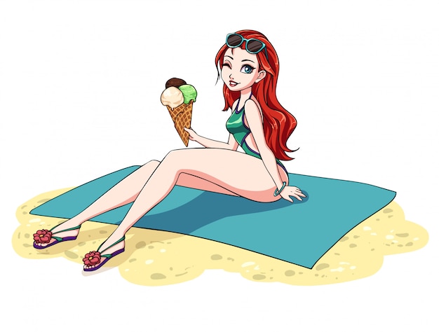 Young woman sunbathing on a beach. Girl relaxing on a beach mat with ice cream. Girl with red hair wearing sunglasses and swimsuit.