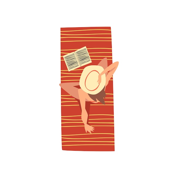 Young Woman Sunbathing on Beach Towel Top View of Sitting Girl in Straw Het Vector Illustration on White Background