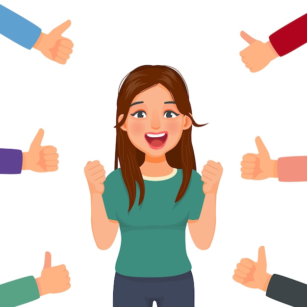 Vector young woman surrounded by thumbs up getting public approval positive feedbacks and appreciation