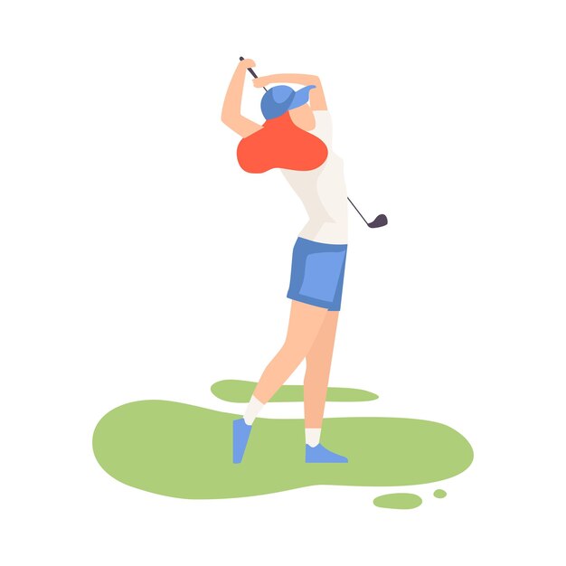 Vector young woman swinging with golf club female athlete in sports uniform playing golf on course outdoor sport or hobby vector illustration on white background