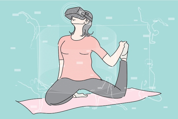 Young woman take yoga pose and exercise in virtual reality world Flat design illustration