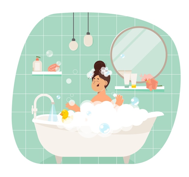 Young woman takes a bath Female lying in bubbles of foam The girl relaxes in the interior of the bathroom The woman is takes a hygienic routine Vector illustration