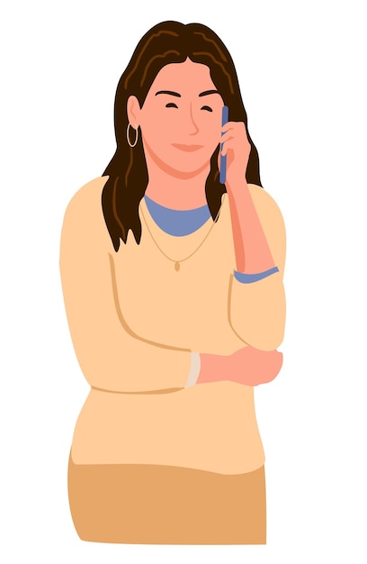 Vector young woman talking on the cellphone cute woman with gadget girl calling by cell phone mobile phone