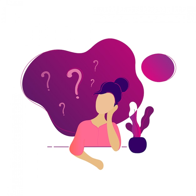 Young woman thinking sitting under question marks