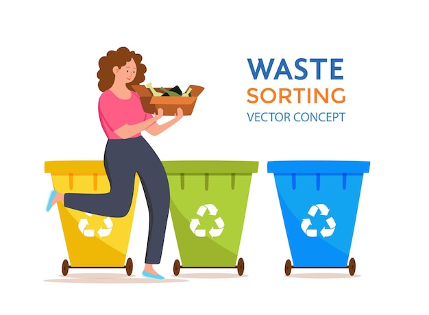 Young woman throwing glass garbage into containers. Waste management concept with ecofriendly girl sorting waste into different tanks