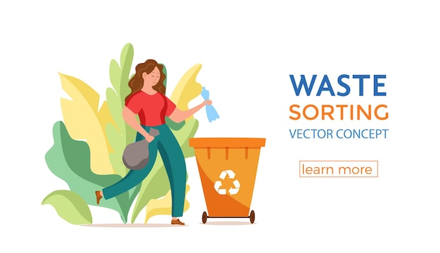 Young woman throwing plastic garbage into containers vector illustration waste management