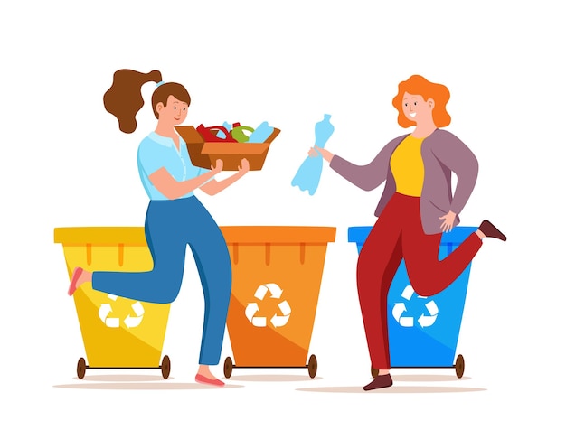 Young woman throwing plastic garbage into containers vector illustration