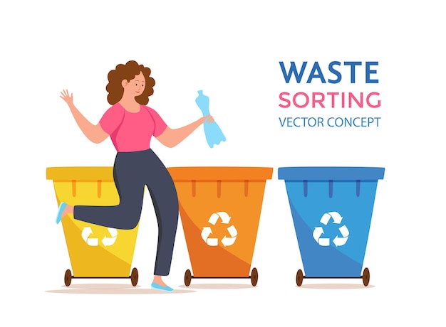 Young woman throwing plastic garbage into containers. Waste management concept with ecofriendly girl sorting waste into different tanks