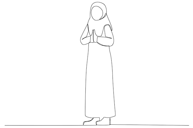 A young woman in traditional Muslim clothing giving greetings to celebrate Eid alFitr one line art