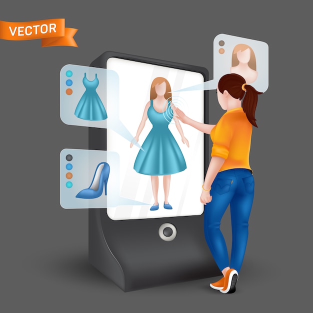 Vector young woman trying on clothes in front 3d virtual display mirror with fitting simulation function.   illustration of online shopping via augmented reality on tablet