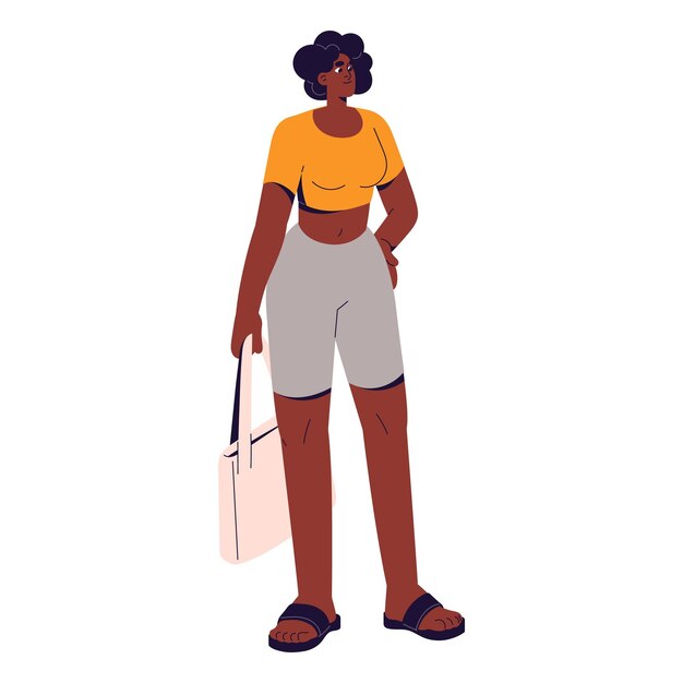 Vector young woman in urban summer outfit standing stylish girl with happy emotions on face holds tote bag shopper slim person wearing sporty shorts flat isolated vector illustration on white background