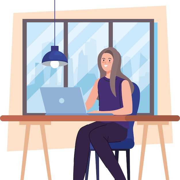 Vector young woman using laptop computer on desk, working online illustration