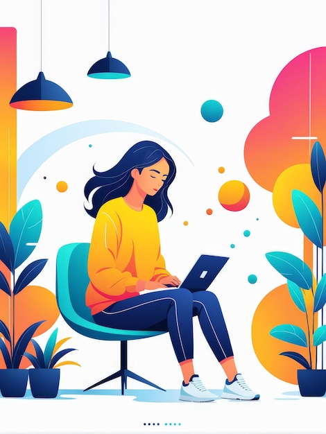 Vector young woman using laptop computer sitting at table with coffee cup and plants in background fl