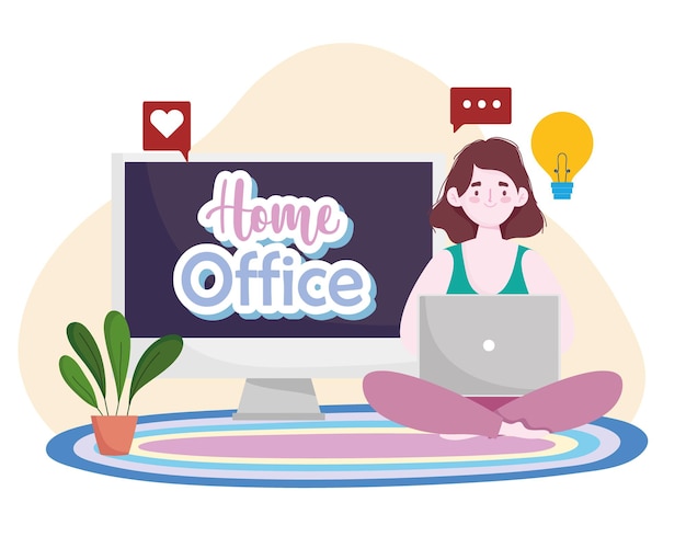 Young woman using laptop sitting on floor home office  illustration