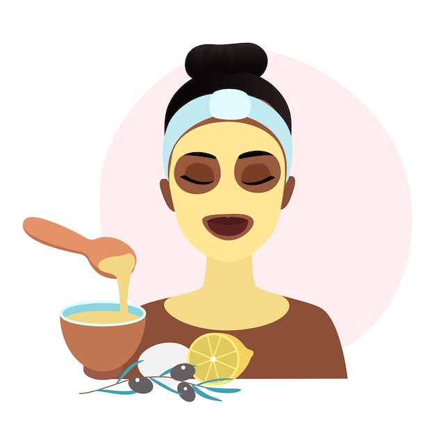 Vector young woman using organic olive oil and lemon for beauty mask on face