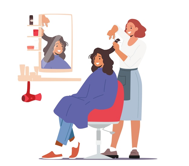 Young Woman Visiting Beauty Salon Hairdresser Master doing Haircut for Girl Cutting Hair with Scissors front of Mirror