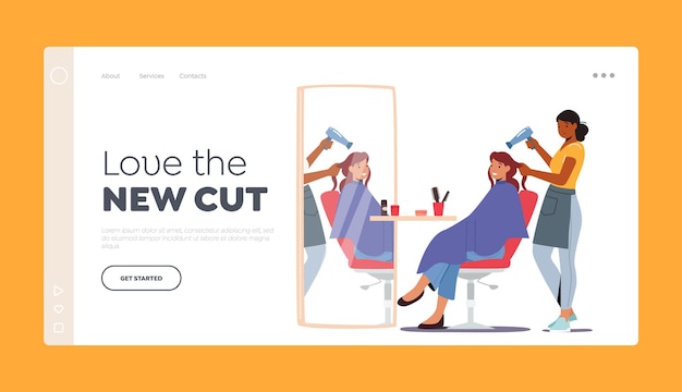 Young Woman Visiting Beauty Salon Landing Page Template Hairdresser Master doing Haircut for Girl Drying Hair with Fan