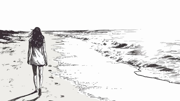 Vector young woman walking along the beach handdrawn vector illustration