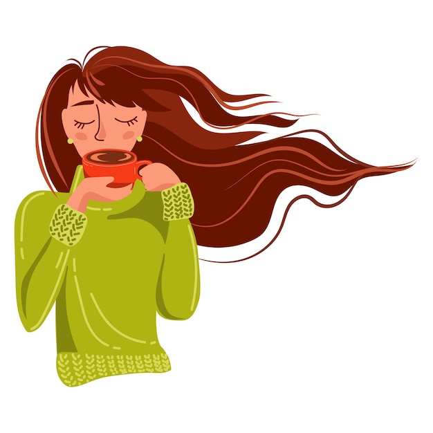 Young woman in a warm sweater holds a mug of hot drink in her hand vector cartoon