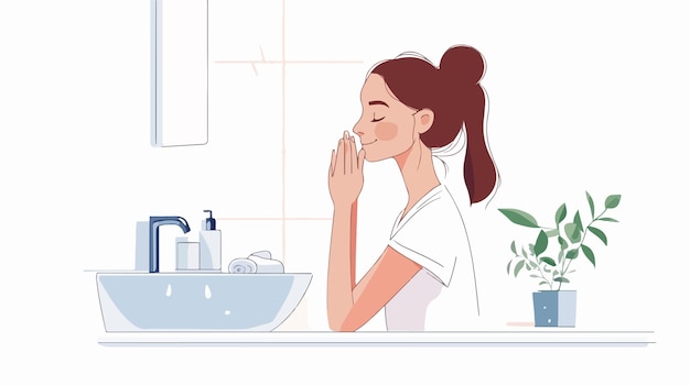 Vector young woman washing face at sink side view skincare routine and hygiene concept