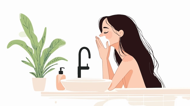 Vector young woman washing face at sink side view skincare routine and hygiene concept